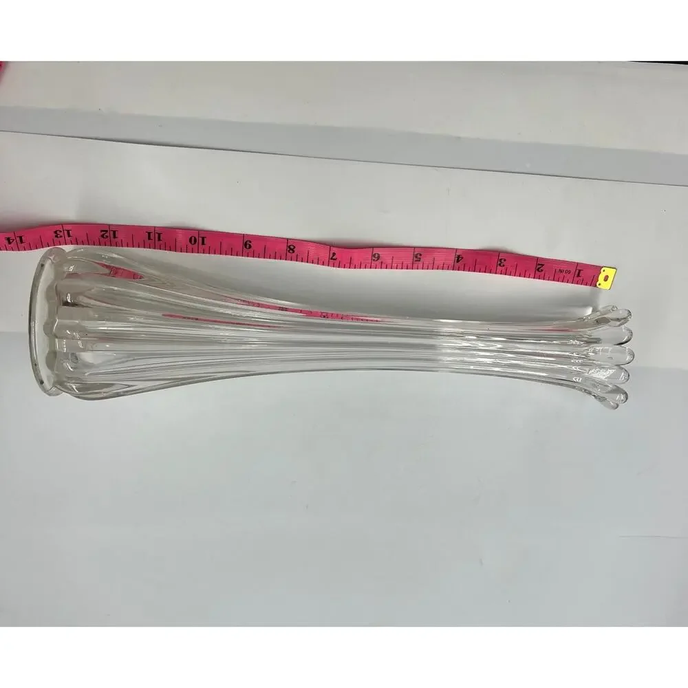 Vintage‎ Clear Glass Swung Stretch Vase Ribbed Ruffled Tear Drop Top MidCentury